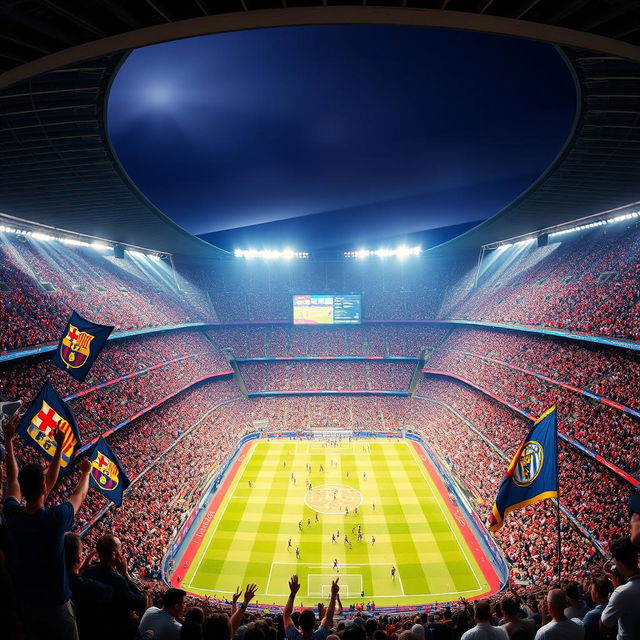 A dynamic stadium panorama of El Clasico depicted from the viewpoint of excited fans, with a vibrant sea of red, blue, and white colors filling the packed stands