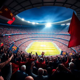 A dynamic stadium panorama of El Clasico depicted from the viewpoint of excited fans, with a vibrant sea of red, blue, and white colors filling the packed stands