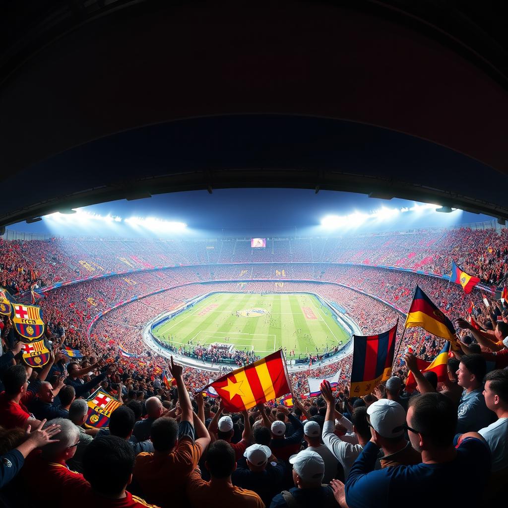 A dynamic stadium panorama of El Clasico depicted from the viewpoint of excited fans, with a vibrant sea of red, blue, and white colors filling the packed stands