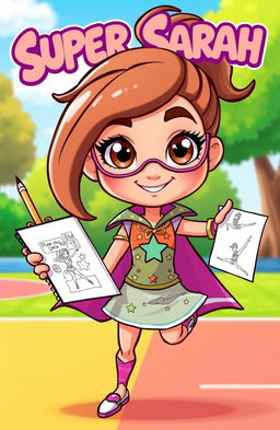 A cartoon character named Super Sarah, featuring vibrant and playful colors