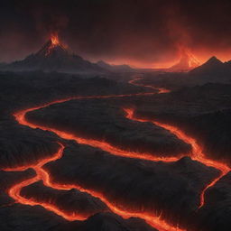 Illustration of a hellish landscape, complete with glowing lava rivers, fiery, black smoke-filled skies, and ominous rocky terrain