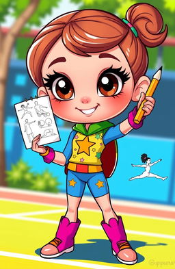 A cartoon character named Super Sarah, featuring vibrant and playful colors