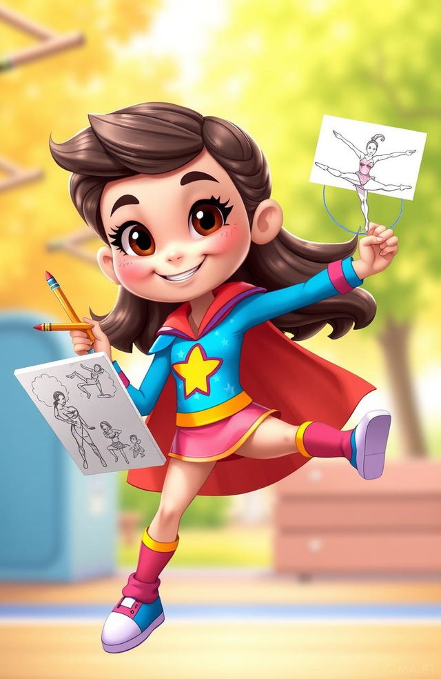 A cartoon character named Super Sarah, featuring vibrant and playful colors