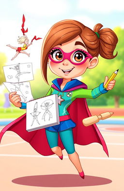 A cartoon character named Super Sarah, featuring vibrant and playful colors