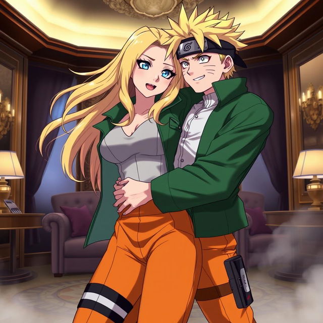 A dynamic and vivid illustration of Lady Tsunade in a powerful, confident pose, playfully dominating Naruto in a consensual intimate scenario