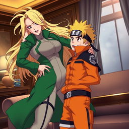 A dynamic and vivid illustration of Lady Tsunade in a powerful, confident pose, playfully dominating Naruto in a consensual intimate scenario