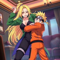 A dynamic and vivid illustration of Lady Tsunade in a powerful, confident pose, playfully dominating Naruto in a consensual intimate scenario
