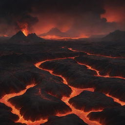 Illustration of a hellish landscape, complete with glowing lava rivers, fiery, black smoke-filled skies, and ominous rocky terrain