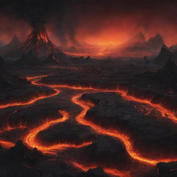 Illustration of a hellish landscape, complete with glowing lava rivers, fiery, black smoke-filled skies, and ominous rocky terrain