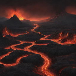 Illustration of a hellish landscape, complete with glowing lava rivers, fiery, black smoke-filled skies, and ominous rocky terrain