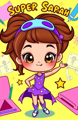 A vibrant cartoon character named Super Sarah, featuring large, expressive brown eyes
