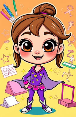 A vibrant cartoon character named Super Sarah, featuring large, expressive brown eyes
