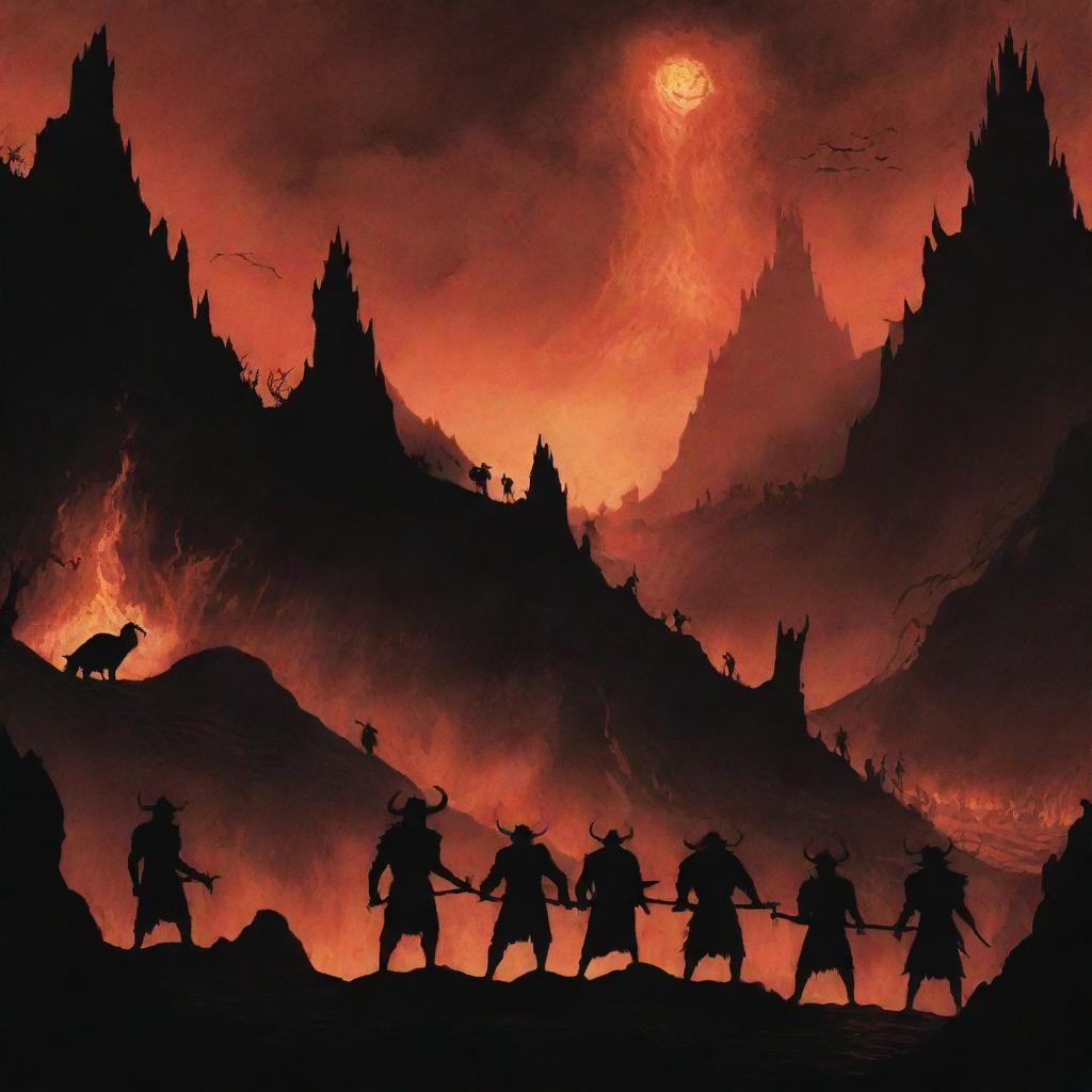 Adjust the previous illustration to include countless silhouette figures appearing to be entering the infernal, fiery landscape of the hellish representation.