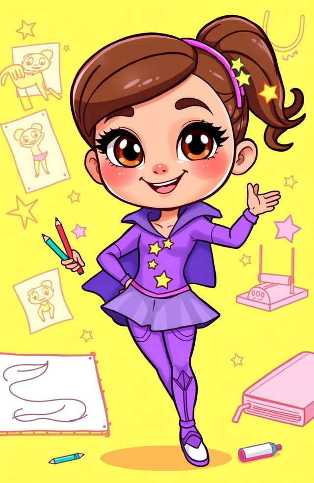 A vibrant cartoon character named Super Sarah, featuring large, expressive brown eyes