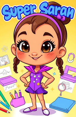 A vibrant cartoon character named Super Sarah, featuring large, expressive brown eyes