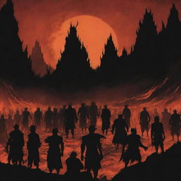 Adjust the previous illustration to include countless silhouette figures appearing to be entering the infernal, fiery landscape of the hellish representation.