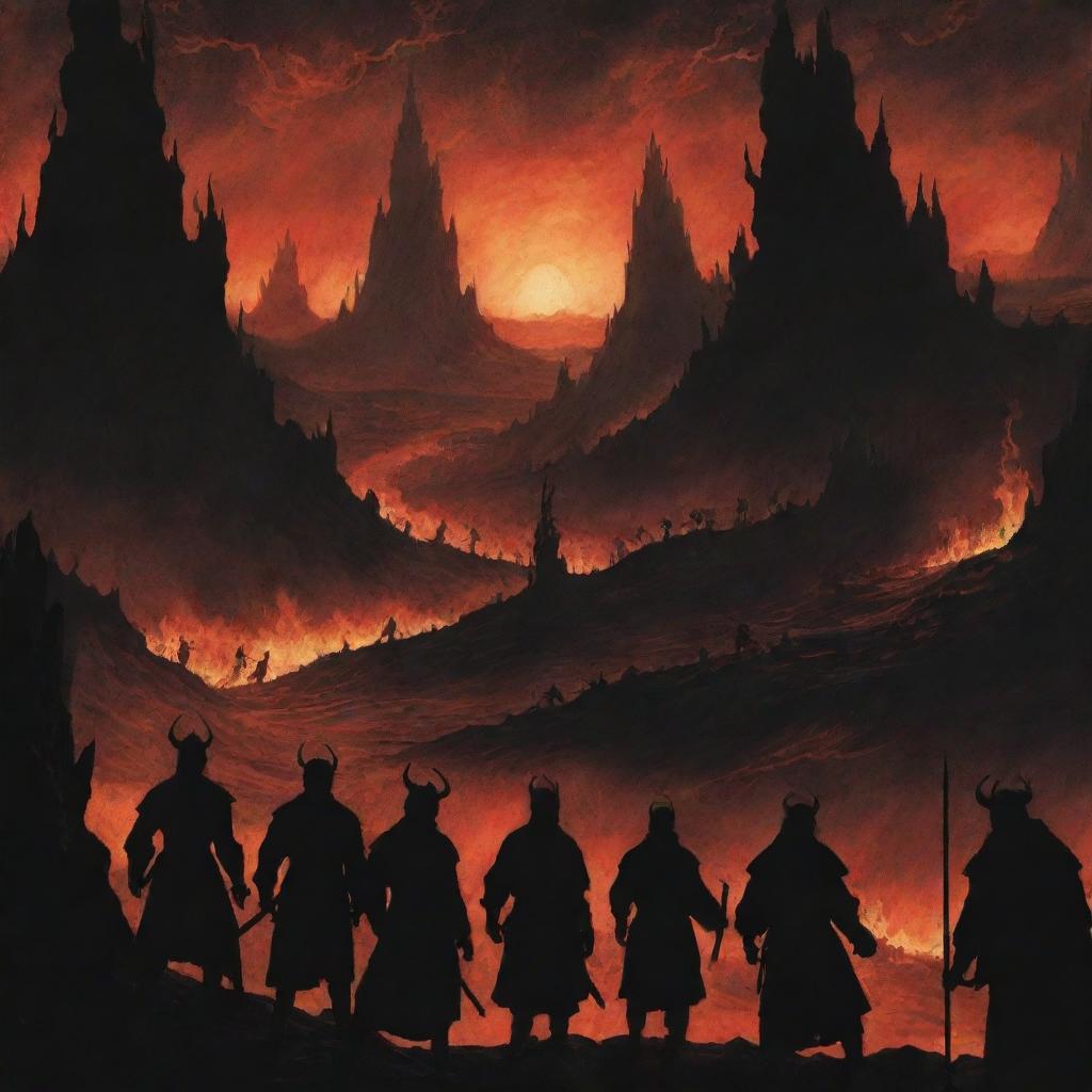 Adjust the previous illustration to include countless silhouette figures appearing to be entering the infernal, fiery landscape of the hellish representation.