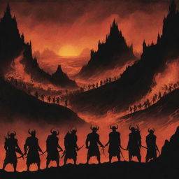 Adjust the previous illustration to include countless silhouette figures appearing to be entering the infernal, fiery landscape of the hellish representation.