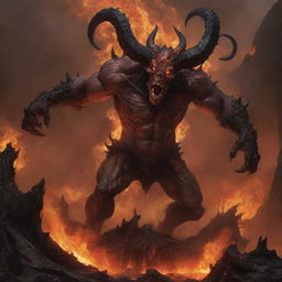 Modify the ongoing landscape of the inferno to include the menacing shapes of demonic entities, gnarled and formidable, ruling over their domain.