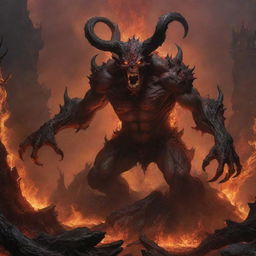 Modify the ongoing landscape of the inferno to include the menacing shapes of demonic entities, gnarled and formidable, ruling over their domain.