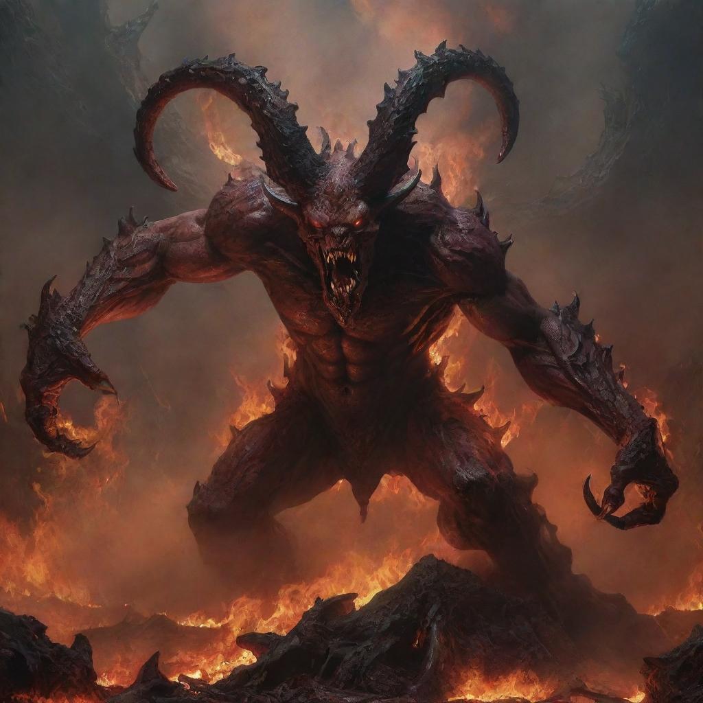 Modify the ongoing landscape of the inferno to include the menacing shapes of demonic entities, gnarled and formidable, ruling over their domain.