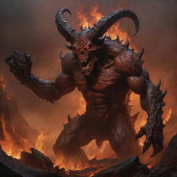 Modify the ongoing landscape of the inferno to include the menacing shapes of demonic entities, gnarled and formidable, ruling over their domain.