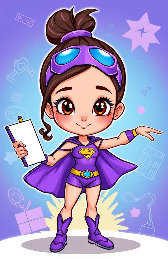 A cartoon character named Super Sarah, featuring vibrant purple attire designed for a superhero