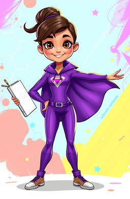 A cartoon character named Super Sarah, featuring vibrant purple attire designed for a superhero