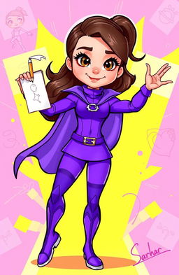 A cartoon character named Super Sarah, featuring vibrant purple attire designed for a superhero