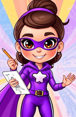 A cartoon character named Super Sarah, featuring vibrant purple attire designed for a superhero