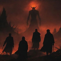 Enhance the current portrayal with expressions of torment on the silhouetted figures being observed under the watchful eyes of the infernal beings, in the hellish landscape.