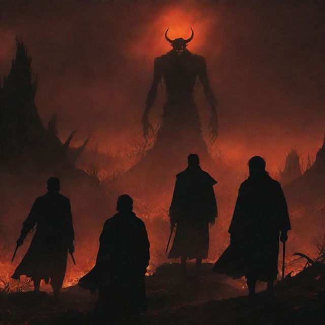 Enhance the current portrayal with expressions of torment on the silhouetted figures being observed under the watchful eyes of the infernal beings, in the hellish landscape.