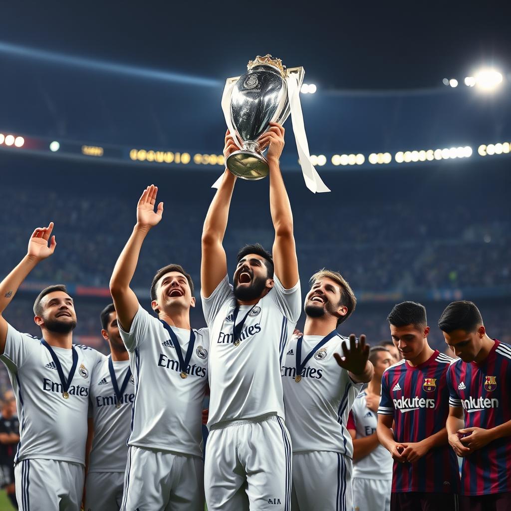 A dramatic scene capturing Real Madrid players adorned in their iconic white kits, triumphantly lifting a gleaming trophy high above their heads in a moment of celebration, their expressions radiating joy and pride