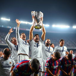 A dramatic scene capturing Real Madrid players adorned in their iconic white kits, triumphantly lifting a gleaming trophy high above their heads in a moment of celebration, their expressions radiating joy and pride