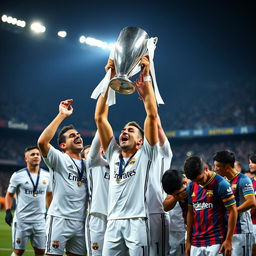 A dramatic scene capturing Real Madrid players adorned in their iconic white kits, triumphantly lifting a gleaming trophy high above their heads in a moment of celebration, their expressions radiating joy and pride