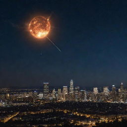 The previously depicted planet Earth, now with an intense meteor shower falling towards it, with one large meteor heading directly towards a lit-up cityscape under a night sky.