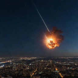 The previously depicted planet Earth, now with an intense meteor shower falling towards it, with one large meteor heading directly towards a lit-up cityscape under a night sky.