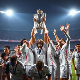 A triumphant scene featuring Real Madrid players dressed in their pristine white kits, lifting a shiny trophy high above their heads in celebration, their faces radiating joy and pride