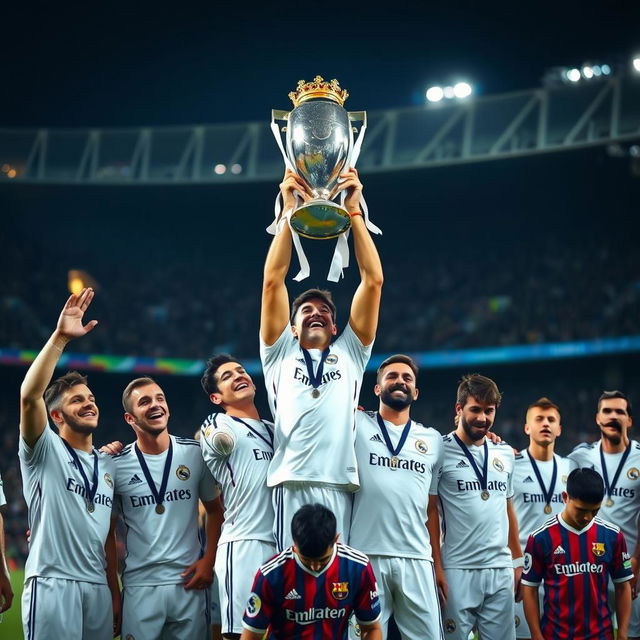 A triumphant scene featuring Real Madrid players dressed in their pristine white kits, lifting a shiny trophy high above their heads in celebration, their faces radiating joy and pride