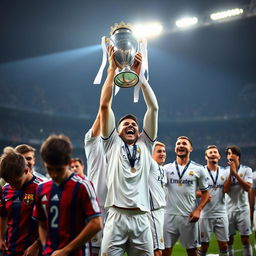 A triumphant scene featuring Real Madrid players dressed in their pristine white kits, lifting a shiny trophy high above their heads in celebration, their faces radiating joy and pride
