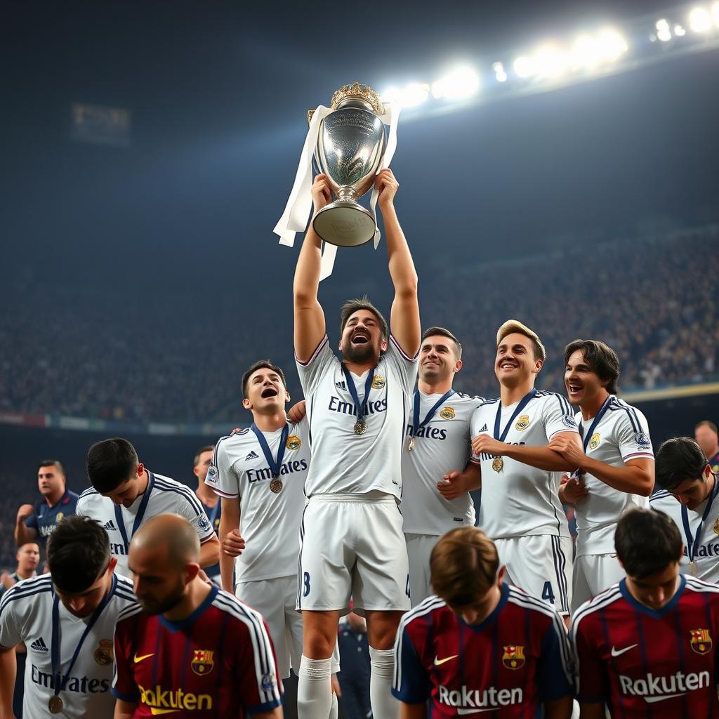 A triumphant scene featuring Real Madrid players dressed in their pristine white kits, lifting a shiny trophy high above their heads in celebration, their faces radiating joy and pride