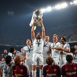 A triumphant scene featuring Real Madrid players dressed in their pristine white kits, lifting a shiny trophy high above their heads in celebration, their faces radiating joy and pride