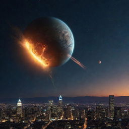 The previously depicted planet Earth, now with an intense meteor shower falling towards it, with one large meteor heading directly towards a lit-up cityscape under a night sky.