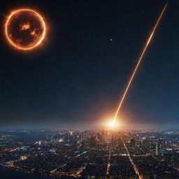 The previously depicted planet Earth, now with an intense meteor shower falling towards it, with one large meteor heading directly towards a lit-up cityscape under a night sky.