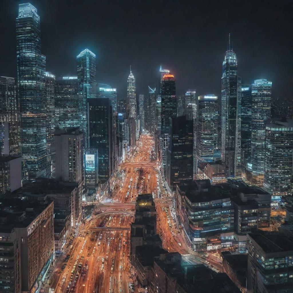 A bustling cityscape filled with towering skyscrapers, busy roads, and vibrant night lights.