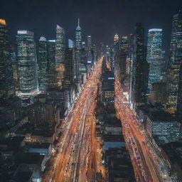 A bustling cityscape filled with towering skyscrapers, busy roads, and vibrant night lights.