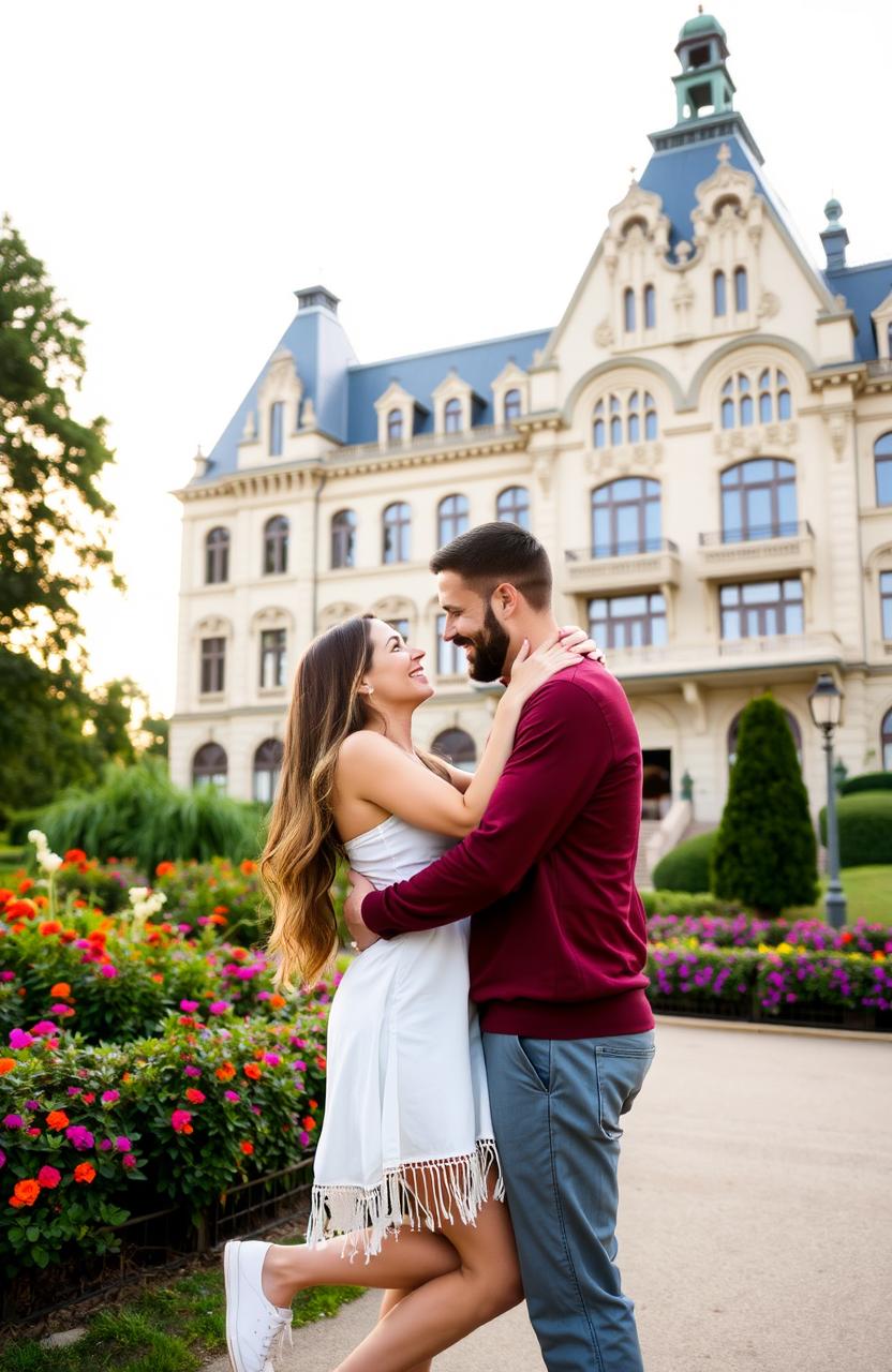 A romantic couple embracing each other in a picturesque setting with a beautiful building in the background