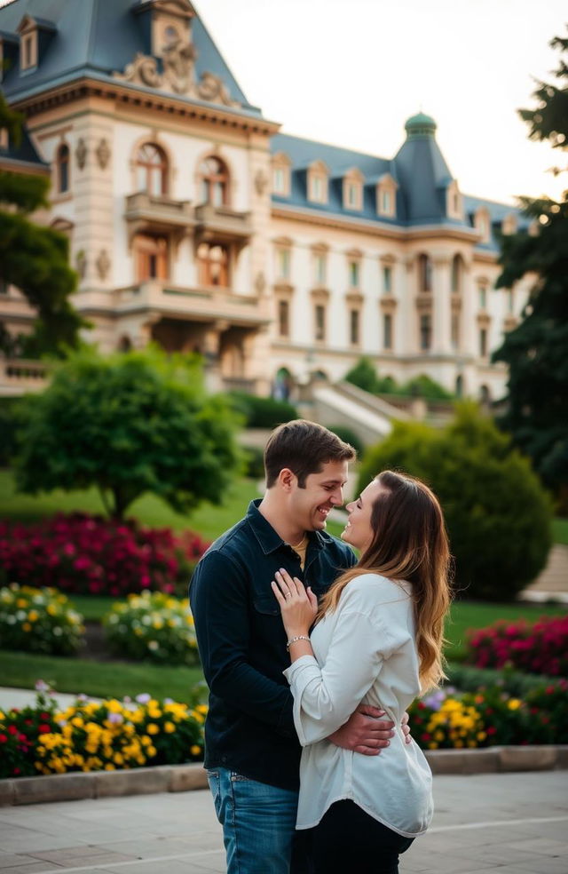 A romantic couple embracing each other in a picturesque setting with a beautiful building in the background