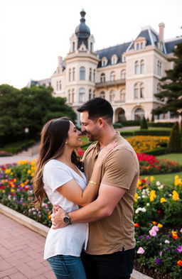 A romantic couple embracing each other in a picturesque setting with a beautiful building in the background