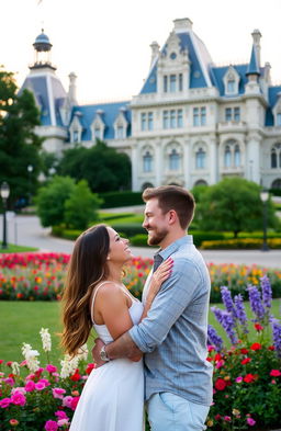 A romantic couple embracing each other in a picturesque setting with a beautiful building in the background